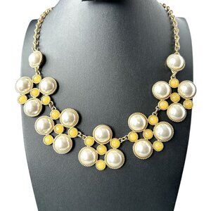 Faux Pearl Bib Style over Gold Tone Necklace Yellow Cabochon Beads